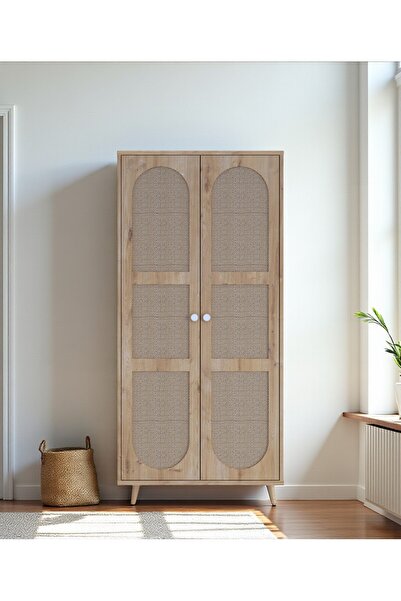 FLORADESİGN Bali Bohem Jüt 2 Kapaklı Gardırop – Jüt Kumaş MDF Kapaklı, Meşe
