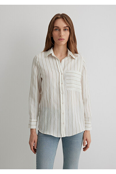 Mavi Çizgili Ekru Gömlek Loose Fit / Bol Rahat Kesim 1211015-84006