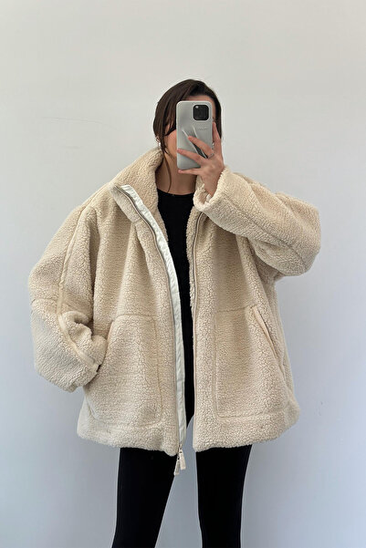 NET OF NOT Bej Dik Yaka Astarlı Oversize Peluş Mont