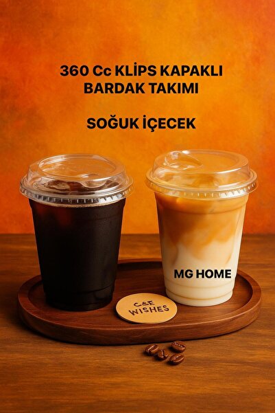 MG HOME 100 Adet 360 bb Cc Kapaklı Plastik Bardak Klipsli Limonata Soğuk Kahve Kapaklı Bardak Pet Milkshake