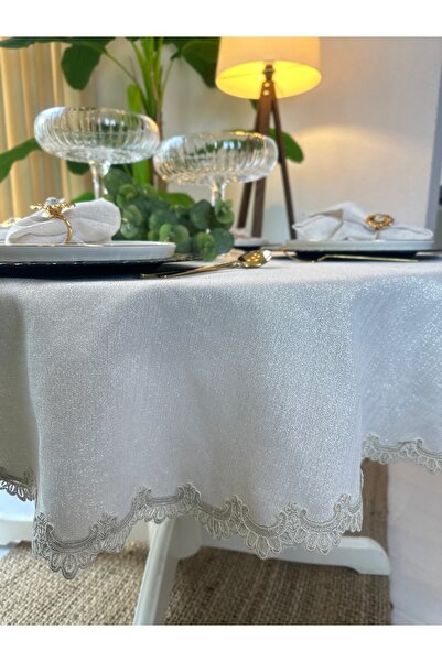 Decamor home Linen Textured Gold Glitter Lace Detailed Ecru Round Tablecloth (Napkin Not Included)