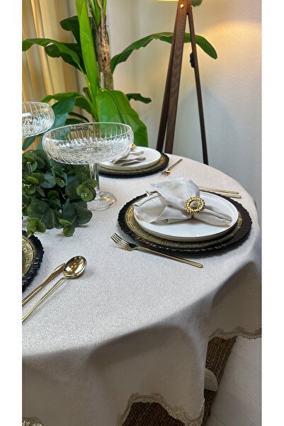 Decamor home Λινό Υφή Χρυσό Glitter Δαντέλα Λεπτομερές Εκρού Στρογγυλό Τραπεζομάντιλο