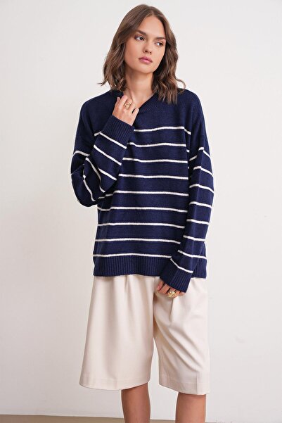 Mixray 6944 Women's Loose Soft Textured Striped Knitwear Sweater Navy Blue