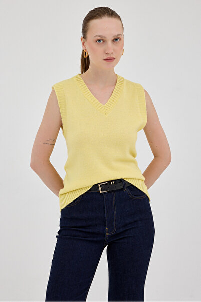 Rays Sarı Oversize V Yaka Kadın Süveter 2292