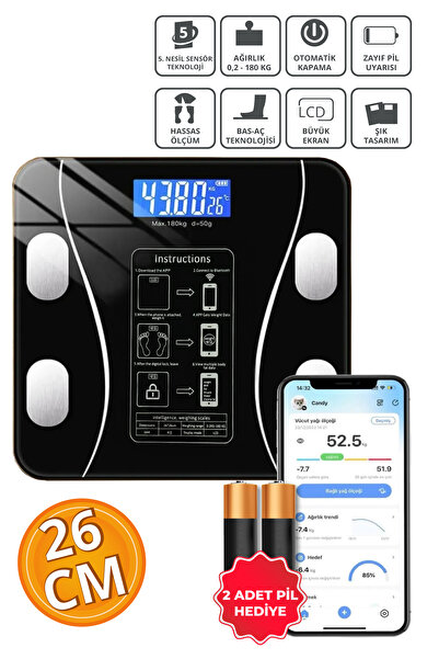 Blooma Dijital Baskül Yağ Ölçer Fonksiyonlu Akıllı Baskül Bluetooth Tartı- Siyah