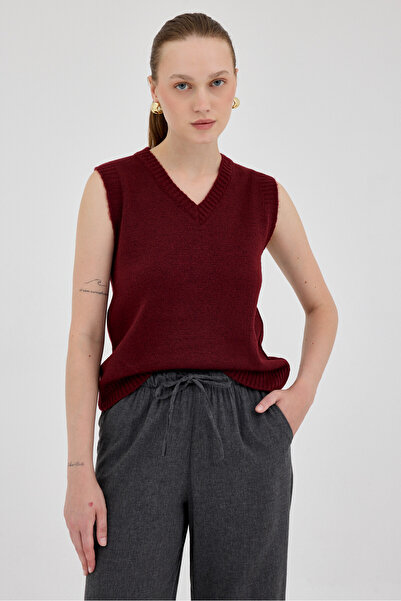 2292 V Yaka Sıfır Kol Süeter Bordo