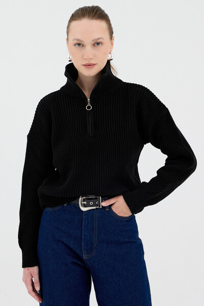 Rays Pulover negru pentru femei, crop cu jumătate de fermoar, tricotaje7135