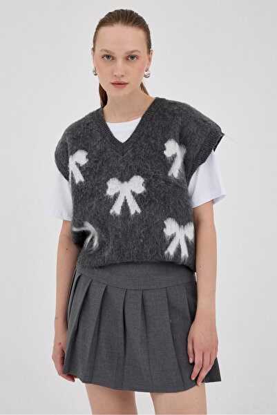 Rays Antrasit V Yaka Fiyonk Desenli Kadın Süveter 2411