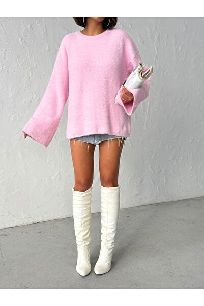 BEJNA Dámský růžový svetr z měkkého úpletu s výstřihem do V