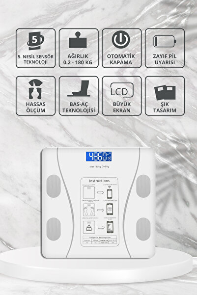 Blooma Dijital Baskül Yağ Ölçer Fonksiyonlu Akıllı Baskül Bluetooth Tartı-Beyaz