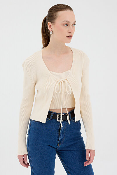 Rays Natural Front Tied Knitwear Cardigan and Strap Blouse Set 7360