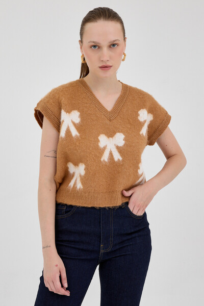 Rays 2411 Kurdele Desen V Yaka Süeter Taba