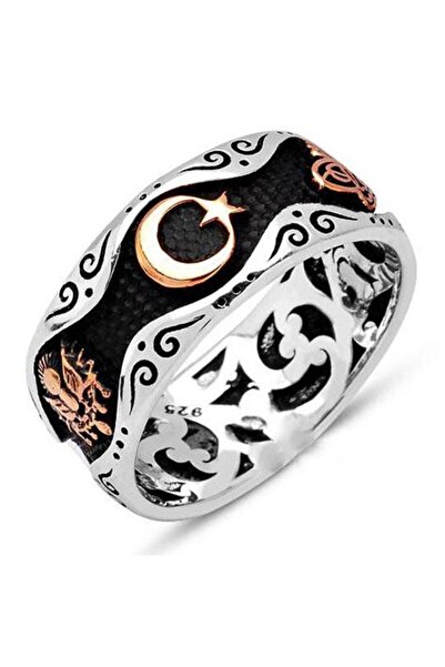 Takı Dükkanı Etrafı Tuğra Arma ve Ay Yıldızlı Erkek Gümüş Yüzük kgy03