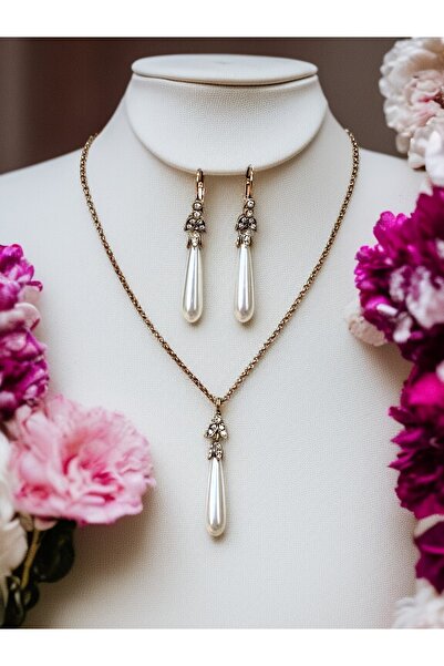 FAYRA ACCESSORIES Zircon Stone Long Water Drop Pearl Necklace and Earring Set