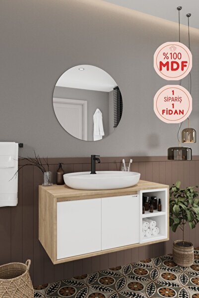 BALNEOM Gül Beyaz 90 Cm Banyo Dolabı Ayna Lavabo