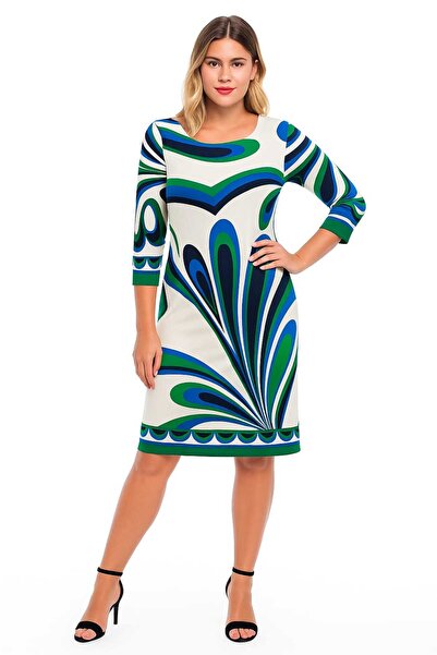 Şans Women's Plus Size Blue Bicycle Collar Capri Sleeve Print Dress 65N38834