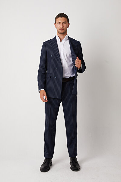 wodelli Men's Navy Blue Striped Double Breasted Suit – Regular Cotton Fabric