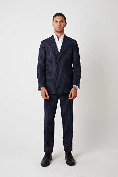 wodelli Men's Navy Blue Striped Double Breasted Suit – Regular Cotton Fabric