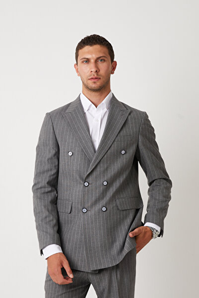 wodelli Erkek Gri Çizgili Kruvaze Takım Elbise – Regular Pamuklu Kumaş