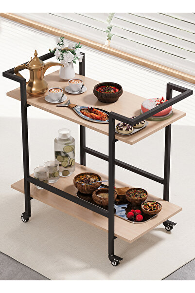VariFurnx 80*40*75cm 2 Tier Rolling Service Trolley Cart with Wheels Beverage Cart Protective Rails Kitchen