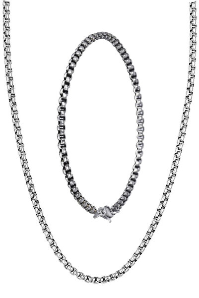 Takı Dükkanı طقم قلادة وسوار من الفولاذ للرجال موديل رياضي رفيع 3 مم eck07s