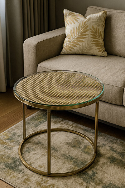 Rona Home Στρογγυλό Ψάθινο Κάλυμμα Τραπεζιού Σαλονιού – PVC, Δαντέλα, Χρυσό, Πολυτελές, Κάλυμμα Τραπεζιού Προίκας