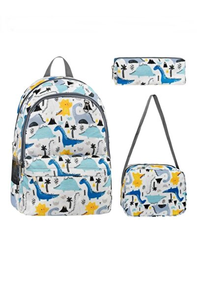 GÜLÇEM butik Primary School Bag 3-Piece Set Backpack + Lunch Box + Pencil Case Dinosaur Pattern