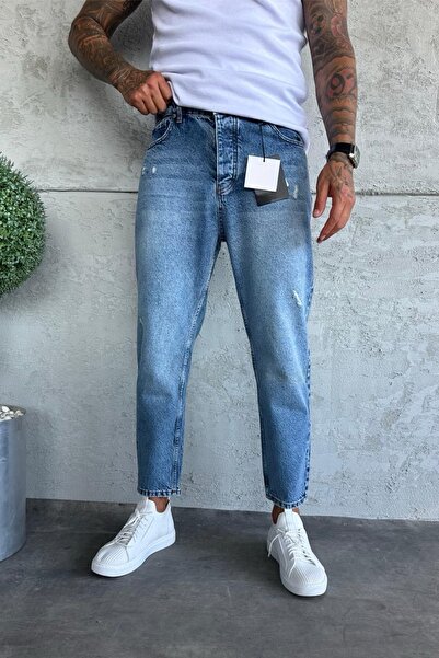 MADZEYMODA Ανδρικό τζιν παντελόνι από ύφασμα τζιν μπλε Boyfriend με σχισμές λεπτομέρειες Mz277