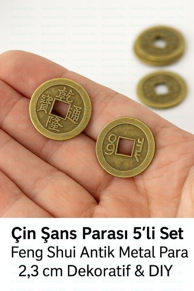 Seashell Rio Çin Şans Parası 5’li Set | Feng Shui Antik Para | 2,3 cm Kolye U...