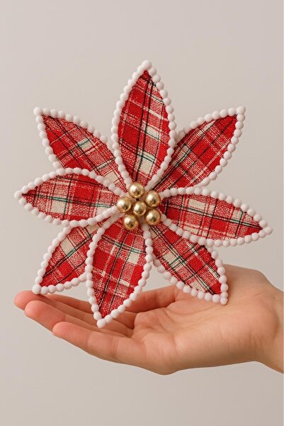 BeySüS Yılbaşı Çam Ağacı Süsü Ponsetya Çiçek Büyük Kırmızı Beyaz Kenarlı