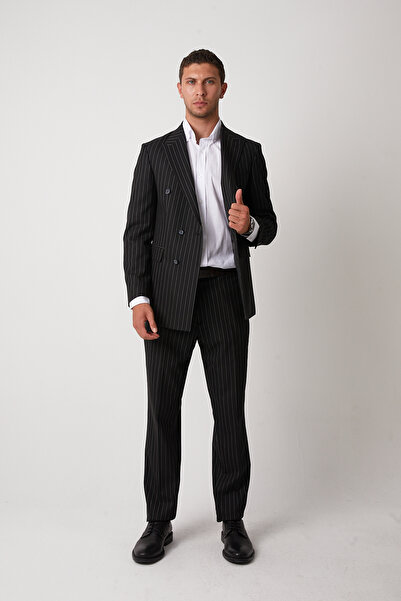 wodelli Erkek Siyah Kruvaze Çizgili Takım Elbise – Regular Pamuklu Kumaş