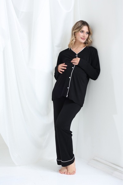 şuranur Bamboo Maternity and Maternity Dressing Gown Nightgown Ribbed Suit Long Sleeve Buttoned