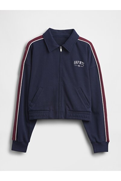 GAP Kadın Lacivert Fransız Havlu Kumaş Varsity Track Fermuarlı Sweatshirt