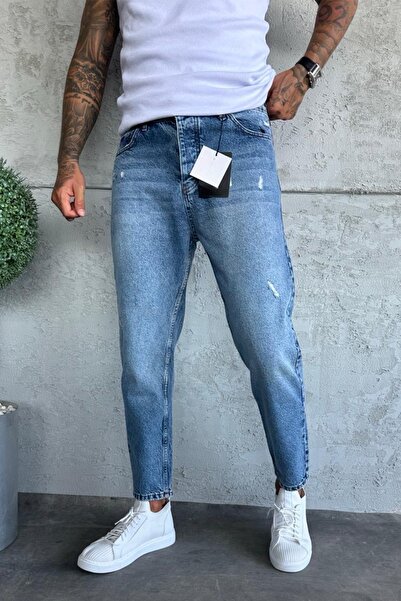 MADZEYMODA Ανδρικό τζιν παντελόνι από ύφασμα τζιν μπλε Boyfriend με σχισμές λεπτομέρειες Mz277