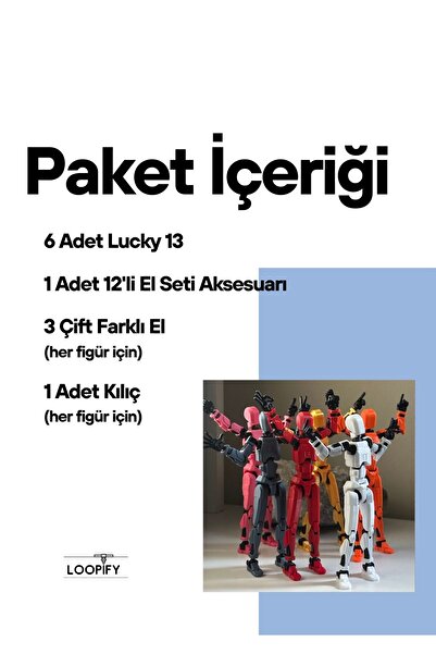 Loopify Lucky 13 Aksiyon Figürü Robot Oyuncak 13cm Set 6'lı Lucky 13 ve 12'li El Seti