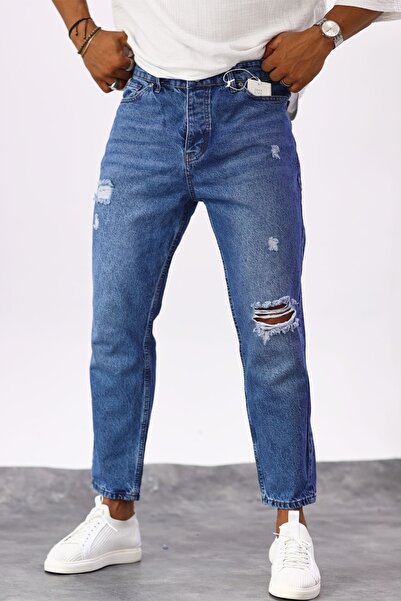 MADZEYMODA Ανδρικό Blue Jean Boyfriend τζιν - σκισμένο λεπτομέρεια