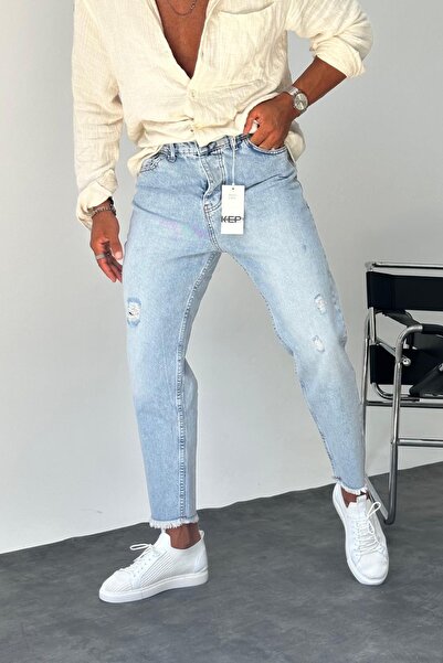 MADZEYMODA Чоловічі джинси-кльош з розривами та бахромою на штанинах, кольору льоду