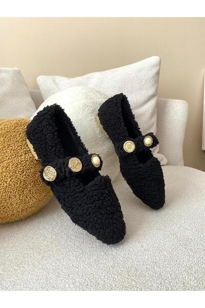 Büşra Sultan Ayakkabı & Çanta Kadın Siyah Teddy Peluş Tokalı Balerin Babet