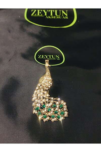 ZEYTUN Zümrüt Taş Detaylı Tavus Kuşu Yaka Broşu