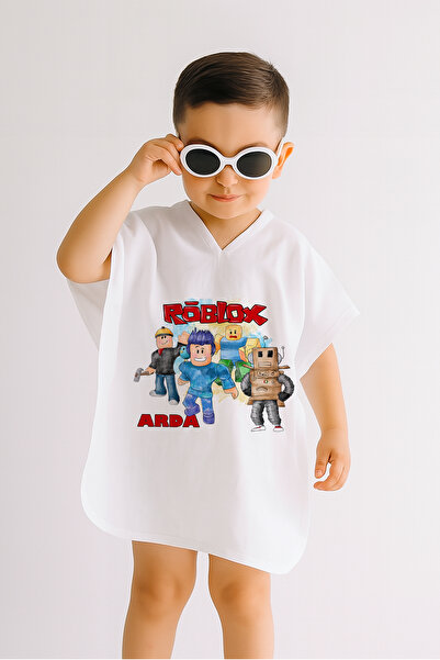 Lilabio İsme Özel %100 Pamuk Müslin Kapüşonlu Erkek Çocuk Panço Bornoz Roblox