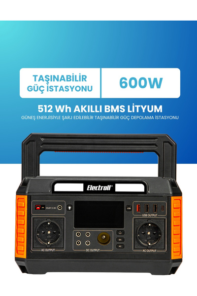 ELECTROLL 600w 512wh Akıllı Bms Lityum Güneş Enerjili Taşınabilir Güç Depolam...