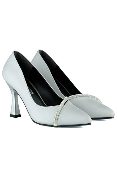 Erkan Saçmacı Roland Silver Satin Stone Pointed Toe Thin Goblet Heel Evening Dress Shoes