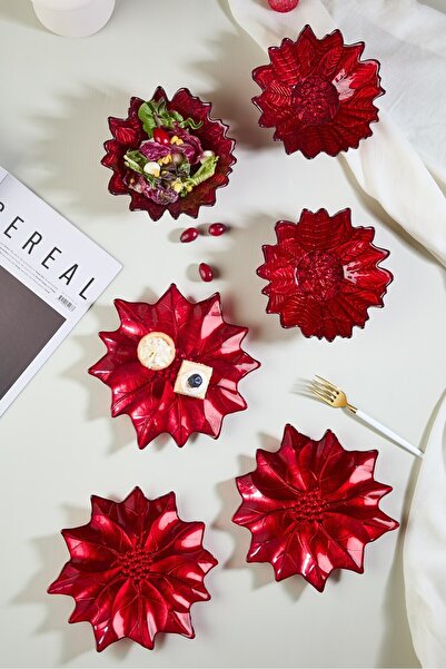 Lora Bianca Red Poinsettia Glass Plate & Bowl Set - 3 Plates - 3 Bowls