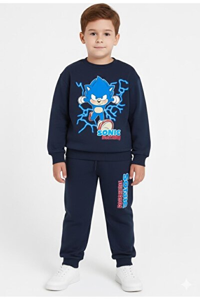 LİTTLE TORTOİSE SONİC Desenli Mavi Renkli Uzun Kollu Erkek Çocuk Sweatshirt Takım