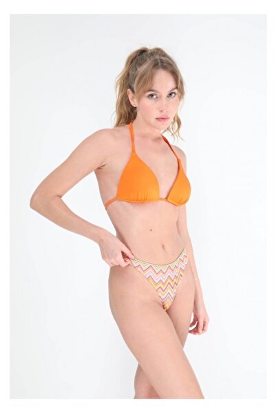 Sevinç tekstil Narince Kadın Bikini Üstü Turuncu Zigzag Desenli Kombin Plaj Giyim