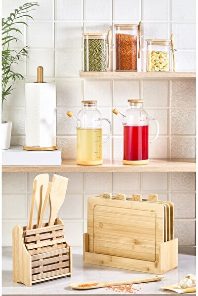 Lora Bianca 20 Pieces Countertop Bamboo Set - Cutting Board, Oil Pot, Jar, Towel Holder, Spoon Holder, Trivets Set
