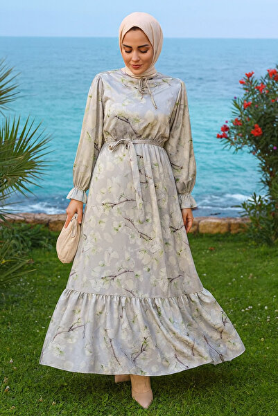 Neva Style Çiçek Desenli Fıstık Yeşili Tesettür Elbise 60901FY