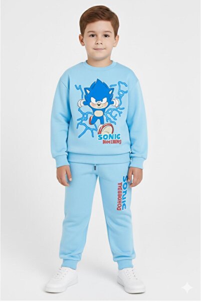 LİTTLE TORTOİSE Sonic Desenli Mavi Renkli Uzun Kollu Şardonlu Yumuşak Iç Dokulu Erkek Çocuk Eşofman Takım