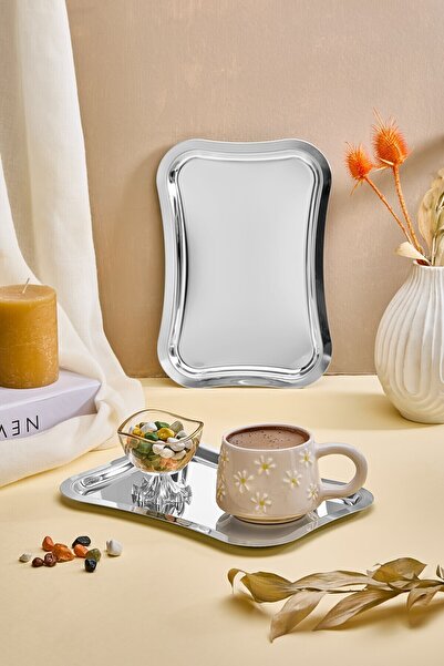 Lora Bianca Dikdörtgen Paslanmaz Çelik 6’lı Gümüş Kahve, Çay, Dekoratif Sunum Servis Nişan Tepsisi