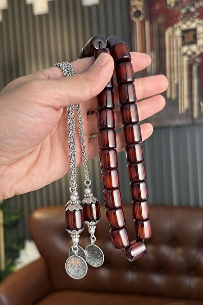 dergah tesbih Şahin Ağa Serisi Ateş-i Sıkma Kehribar Gümüş Tesbih